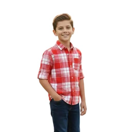 Cotton Full Sleeves Red Checkered Shirt for Boys Regular Fit-image-7