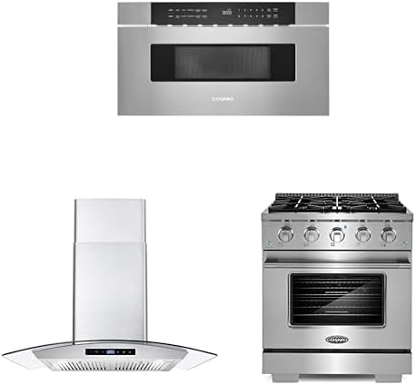 COSMO 3-Piece Kitchen Appliance Packages, 30" Microwave Drawer No Handle with Defrosting Rack, 30" Wall Mount Range Hood and 30" Gas Range