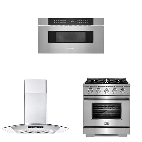 COSMO 3-Piece Kitchen Appliance Packages, 30" Microwave Drawer No Handle with Defrosting Rack, 30" Wall Mount Range Hood and 30" Gas Range