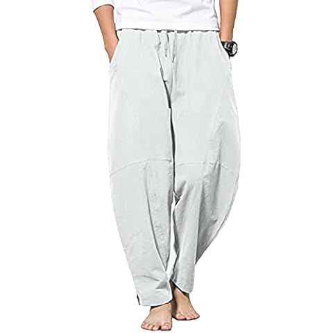 YAOBAOLE Cotton Linen Trousers Men Casual Drawstring Linen Pant Light Gray L Cover