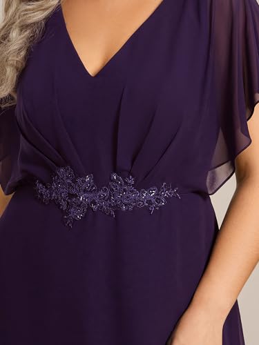 Image of Ever-Pretty Women's Plus Size V Neck Applique Short Sleeve Maxi Formal Wedding Guest Dresses Deep Purple US24