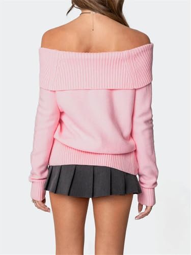Image of Women Cute Off The Shoulder Sweater Sexy Long Sleeve Slouchy Knit Loose Fit Pullover Top Going Out Knitwear Jumper