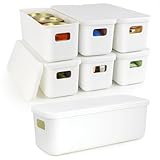 6 Pack Narrow Plastic Storage Box with Lid Stackable White Small Shelf Baskets Slim Handy Bins Tubs Kitchen Cupboard Organisers Bathroom Drawer Container Tray Store Small Items Dust-free 10cm Wide