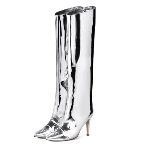 Shoe'N Tale Women's Knee High Boots Pointed Toe Stiletto High Heel Metallic Party Dressy Slip-on Booties Shoes
