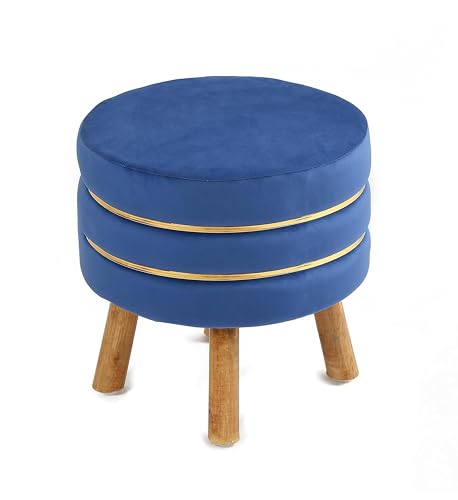Image of Living Room Round Wooden Velvet Ottoman with Footrest and Linen Fabric Padded Seat Pouffe Ottoman with Round Shape and Office Stool- Blue