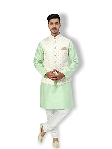 Image of Uri and MacKenzie Men's Silk Blend Regular Kurta Churidar Pyjama with Bundi Nehru Jacket /Waistcoat