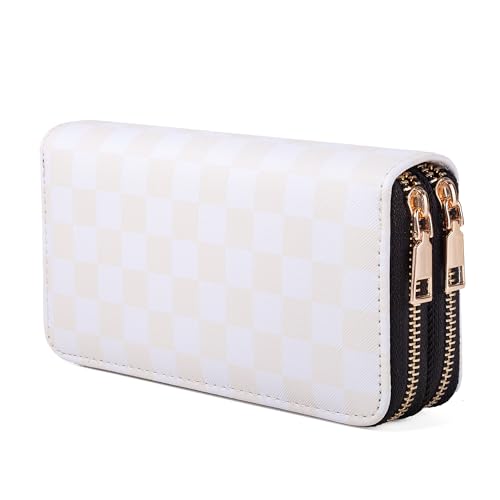 Image of Beige Checkered Double Zip Wallet for Women - Large Capacity Classic Plaid Clutch with Smooth Zippers, Travel Card Holder Purse