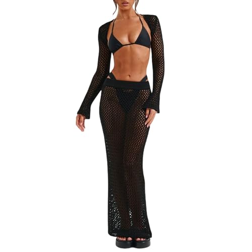 Crochet Knit 2 Piece Skirt Set for Women Long Sleeve Knit Top Hollow Out Bodycon Skirt Set Beachwear Streetwear