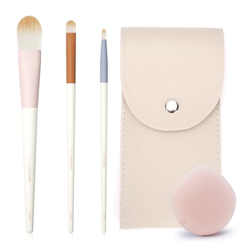 LULUCOLORS Colorful 3-PCS Foundation Brush Set with Latex-Free Makeup Sponge and Travel Pouch-Soft,Cruelty-Free Synthetic Bristles, Brushes for Foundation, Concealer, and Detail Application