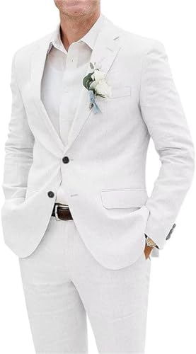 Mens Linen Suit 2 Piece Slim Fit Summer Beach Wedding Groom Formal Suit Groomsmen Linen Blazer Pants Suit Set