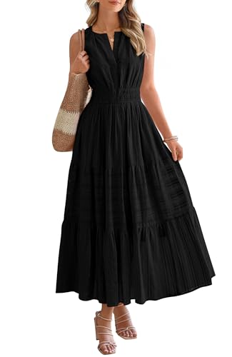 BTFBM Summer Dresses for Women 2026 Sleeveless Boho V Neck A Line Flowy Spring Casual Maxi Dress Beach Vacation Pockets(Black, Large)