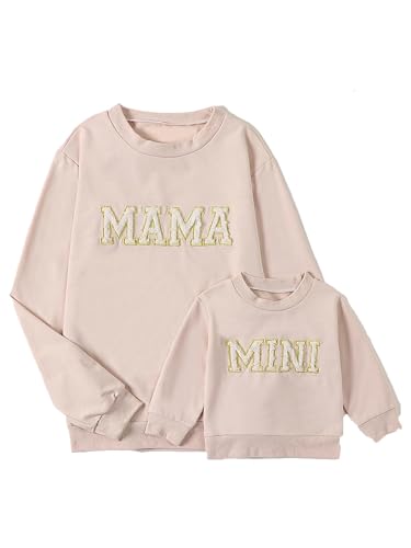 Dubute Mommy and Me Stampa Lettera Corrispondente Abiti Famiglia Manica Lunga Girocollo Casual Felpa T-Shirt Abbigliamento Set, Beige Mama Mini, 0-6 Months
