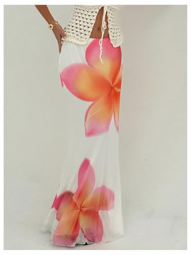 Milumia Women's Floral Print Mesh Maxi Skirt Low Waist Flare Hem Summer Long Skirts2