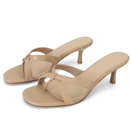 Image of Dsevht Gold Kitten Heel Sandals for Women Flip Flop Strappy Mule heels Rounded Open Toe Heeled Thong Sandals Women