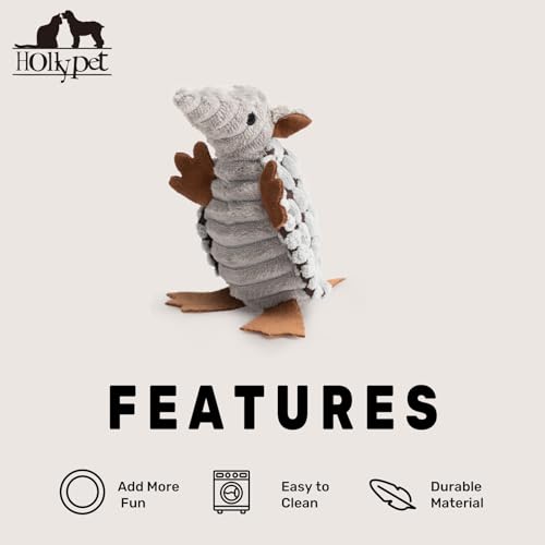 Image of Hollypet Plush Dog Squeaky Toy Stuffed Armadillo Animal Pet Puppy Chew Toys with Clean Teeth for Small Medium Large All Breed Sizes Dogs, Gray, 6 in