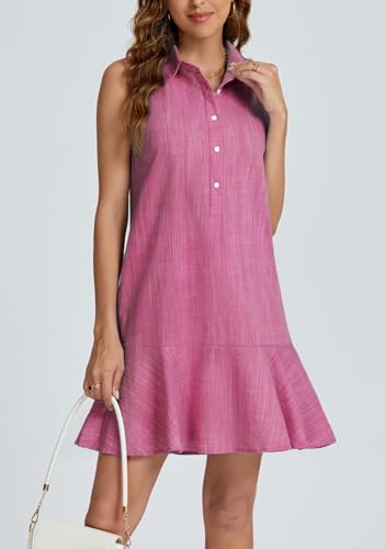 Image of Women Sleeveless Mini Dress Button Down Shirt Dress V Neck Reffle Hem Cotton Linen Tunic Short Dress