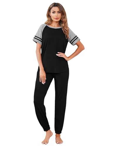 Image of Ekouaer Lounge Sets for Women Two Piece Pajama Set Short Sleeve Crewneck Jogger Outfits and Sweatpants Tracksuit