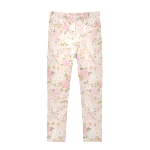 KLL Pink Roses Watercolor Floral Pattern Toddler Girl Basic Leggings Stretchy High Waisted Athleisure Pants Sports