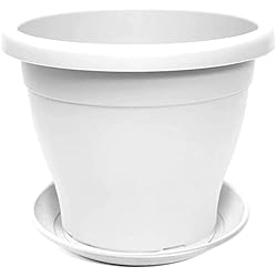 Maceteros Airport Tradineur – Maceta con Plato Tipo mediterránea, 25 cm de diámetro, Ideal Tanto para Interior como Exterior. Jardinera Alta con Agujeros para drenar Agua, Color Blanco
