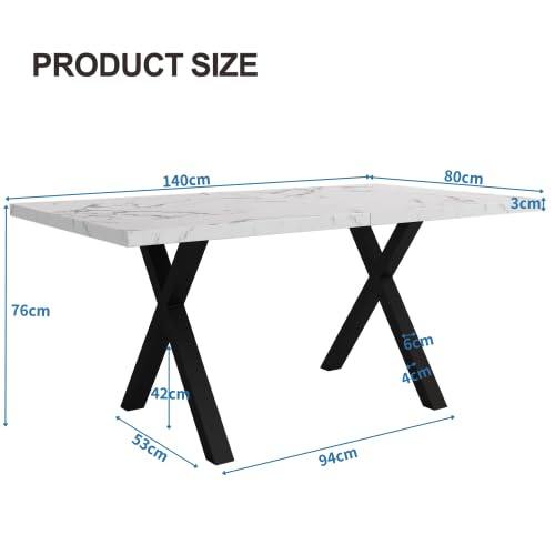 Merax Table à manger rectangulaire 140 x 80 cm – Table de cuisine et table de salle à manger moderne avec design croisé, fer forgé et structure en marbre, table à manger pour salon, noir et blanc