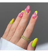 3D Line Press on Nails Fruit Design Green Gradient Acrylic Fake Nails Yellow Ombre Stick on Nails...