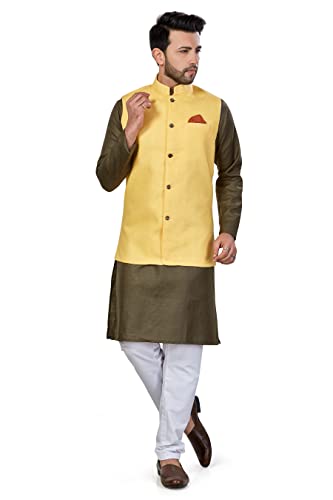 Image of BE ACTIVE Linen Blend Solid Pattern Trendy Comfortable Stylish Full Sleeve Kurta Pajama Set with Jacket Nehru Style Koti for Men's Ethnic Wear