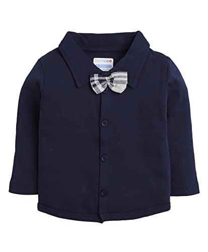 Image of BUMZEE Beige & Navy Boys Full Sleeves Shirt Waistcoat & Pant Set with Applique Bow (Peb8050)