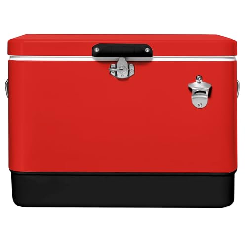 Image of FSE Hard-Sided 54 Qt. / 80 Can Metal Cooler | Durable outdoor beverage cooler with latch closure, bottle opener and side handles. Ideal for picnic or tailgate use
