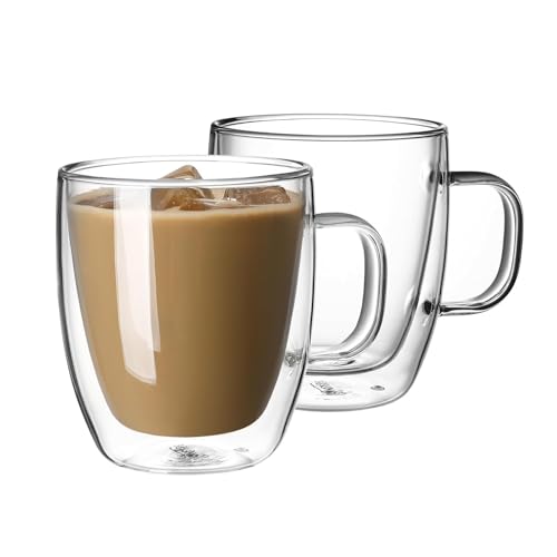 Image of Double Walled Insulated Glass Coffee Mugs, Double Layer Tea Cups with Handle for Latte, Cappuccino, Espresso, Iced Tea Dishwasher & Microwave Safe (Pack of 2, 350 ML)
