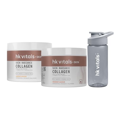 hk vitals Marine Collagen Supplement (Lemon, 100g) with Skin Radiance Collagen Supplement with Biotin, Orange, 100 g & Sipper Bottle | Vitamin C, E, Sodium Hyaluronates