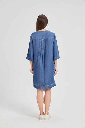 Image of KYAL Women's Denim Short Summer Dress V-Neck Mid-Sleeve Shift Casual Relaxed Beach Party Flowy Dress
