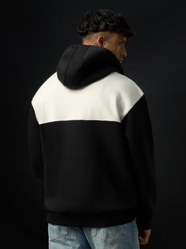 Image of The Souled Store: The King Men and Boys Full Sleeves Hooded Neck Black and White Cotton Blend Drop Shoulder Streetwear Trendy Premium Heavy Fleece Zipper Oversized Hoodie