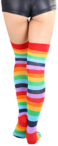 Image of ToBeInStyle Women's Bright Vibrant Rainbow Striped Thigh High Rave Stockings