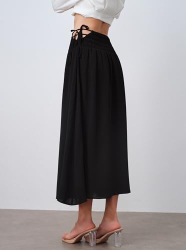 Women's Summer Side Tie Boho Maxi Skirt Shirred High Waisted Ruched Flowy Beach Long Skirts2