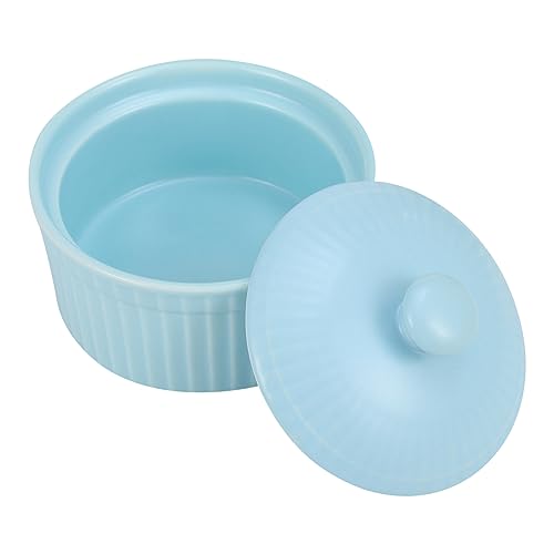 JECOMPRIS 1 pieza Tazón de Cerámica para Hornear con Tapa para Flanes Puddings y Huevos al Vapor Diseño Multifuncional Color Azul para Lavavajillas y de Limpiar