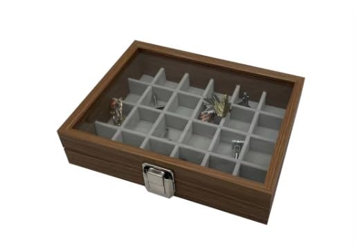 Image of KRISHYAM Wooden Jewelry Box Jewellery Case with Glass Lid, 24 Grid Jewelry Organizer with Lock for Rings, Earrings