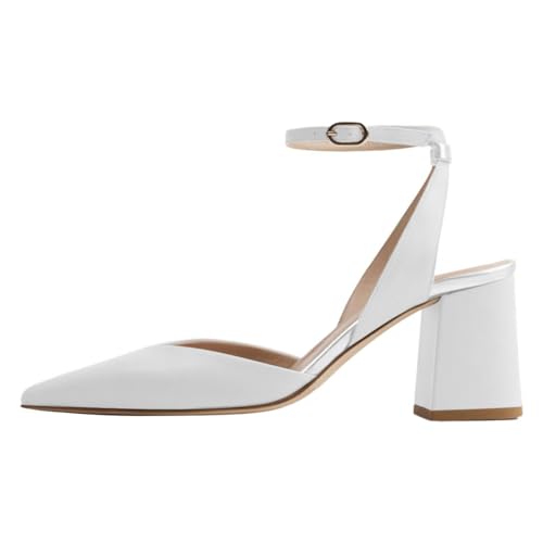 FOWT Women V Cut Pointed Toe Pumps Ankle Strap Chunky Mid Heels Backless Wedding Prom Shoes Size 4-16 US4