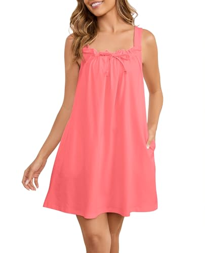 Image of Cotton Nightgowns for Women Sleeveless House Dress Ruffle Nightshirt Wide Strap Sleep Shirts Sleepwear with Pockets