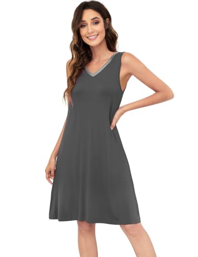WiWi Nightgown for Women Cooling Sleeveless Sleepwear V Neck Sleep Shirt Plus Size Tank Pajamas Dress S-4X, A-iron Grey, Medium