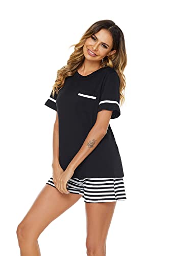 Conjunto de pijama de mujer, conjunto de pijama corto de verano, ropa de dormir de manga suave a rayas, ropa de dormir de dos piezas para mujer, ropa de dormir de algodón con bolsillos, M-Negro Cover