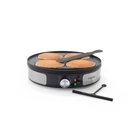 Progress Crepe Maker Reversibile – Piastra di Cottura 30 cm, Inserto per Pancake Scozzesi, Rivestimento Antiaderente, Spargitore di Pastella e Spatola, Controllo della Temperatura Regolabile, 1000W