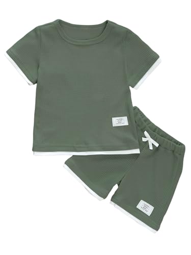 Image of Verdusa Boy's 2 Piece Casual Summer Outfits Waffle Knit Short Sleeve T Shirt and Track Shorts Sets Army Green 7Y