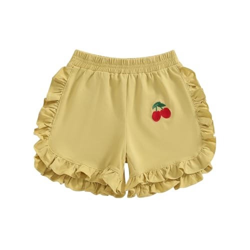Gaono Toddler Baby Girl Ruffles Shorts Solid Cotton Shorts Elastic Waist Cherry Embroidery Summer Short Bottoms Pants (Yellow, 3-4 Years)