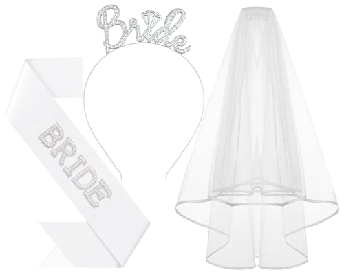 Papoopy 3Pcs Bride to Be Headband with Sash and Veil for Bachelorette Party Decorations,Bridal Shower Accessories for Gift, Favors - Silver