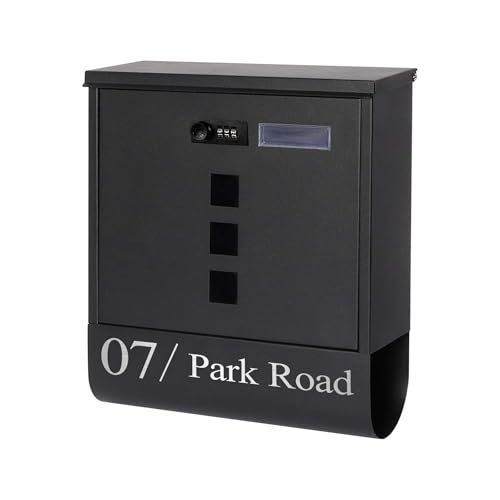 Housics Personalised Wall Mounted Post Box with Combination Lock - Weatherproof Contemporary Letter Box, Alloy Steel Modern Mailbox with Newspaper Slot, Secure Lockable Postbox for Home & Office (D1)