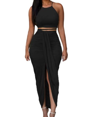 HUUSA Women's Sexy 2 Piece Skirt Sets Elegant Bodycon Maxi Dress Sleeveless Tank Shirt Tops High Waist Ruched Slit Long Dress