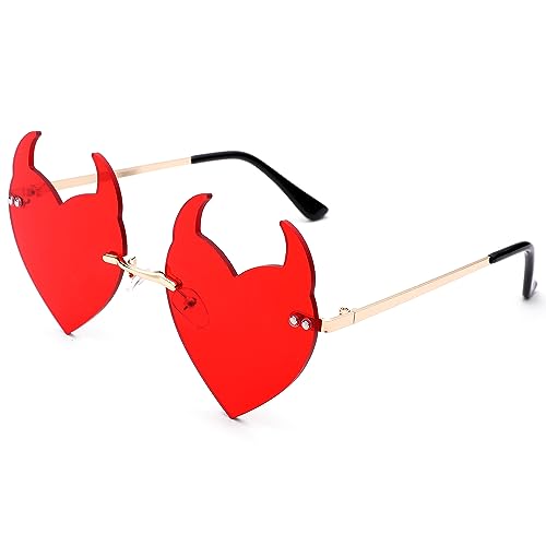 Devil Horns Heart Sunglasses Rimless Rave Trendy Novelty Halloween Glasses for Women Men Party Funny Eyewear-Red
