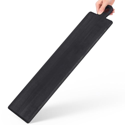 Image of 1 Pcs Acacia Wood Cutting Board with Handle 23.8 x 5.5'' Rectangular Shaped Charcuterie Chopping Board for Pizza Cheese Meat Decorative Black Wooden Serving Tray for Kitchen and Dining Room