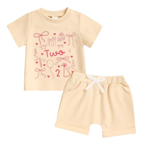 Viworld Toddler Baby Girl 2nd Birthday Outfits Letter Short Sleeve Shirt And Shorts Two Years Old Gifts Summer Clothes(Apricot#A 2-3T)