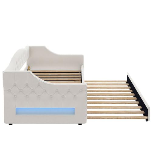 Upholstered Daybed Twin XL Size, Sofa Bed with LED Belt and Trundle, Linen Tufted Day Bed for Living Room, Bedroom (Beige) - Thumbnail 5